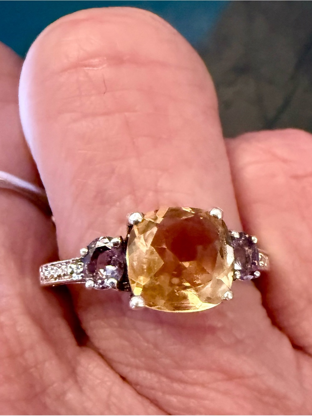 Sterling Silver Ring w/ a Cushion cut Citrine Center Stone and Oval  Amethyst